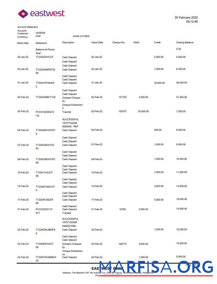 Blank Philippines EastWest bank statement excel sample